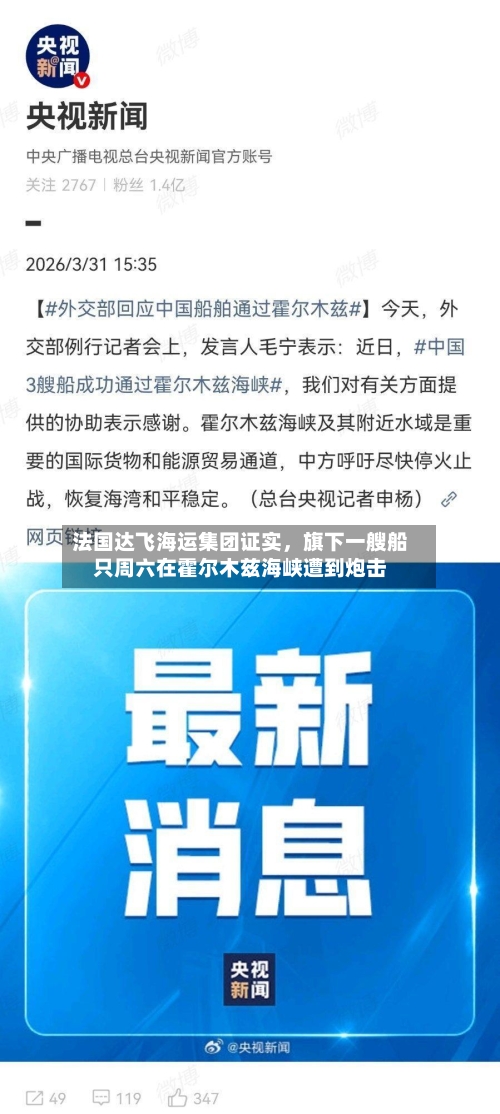 法国达飞海运集团证实	，旗下一艘船只周六在霍尔木兹海峡遭到炮击-第1张图片